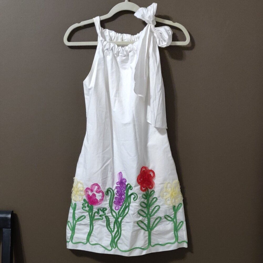 Sara Jane Women's White Sun Dress Shoulder Bow Floral Applique SIZE 0